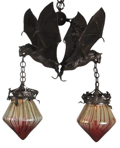 artnouveaustyle:Hanging Austrian bronze bat lamp with glass shades attributed to Loetz. From here.
