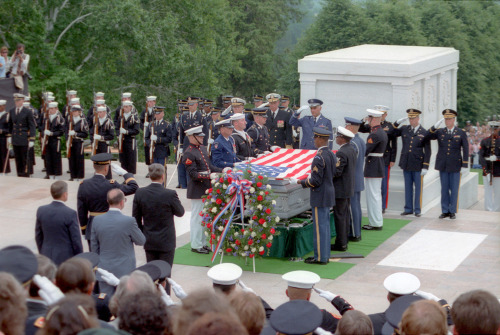 President Reagan attending a Memorial Day ceremony honoring the Vietnam Unknown Soldier at Arlington National Cemetery. 05/28/1984.