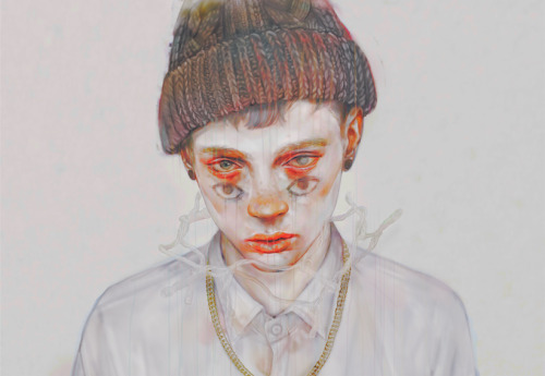 asylum-art:Xhxix ArtArtist on TumblrXhxix is a Japanese illustrator based in Tokyo. “Painting” all of his images digitally on the computer, Xhxix creates haunting technicolor portraits of men with sullen gazes, dripping skin, and bloodshot eyes.