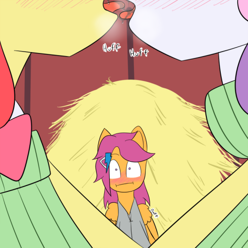 pervertedcmc:  Scootaloo’s thoughts in the last panel: Well, this was unexpected…and yet strangely arousing. OH GOD! AM I LESBIAN TOO?!  X3! Awwye~