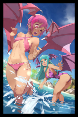 fireroach:  xa-colors:   Lilith and Morrigan from Darkstalkers  For Udon book   Street Fighter &amp; Friends Swimsuit Special   https://twitter.com/UdonEnt   오웃 