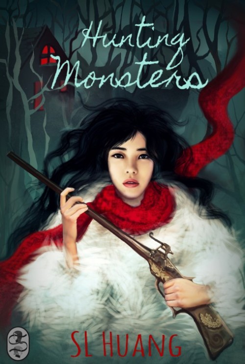 Illustration: Black hair. Red scarf. White fur. Brown gun. At The Book Smugglers, “Hunting Mon