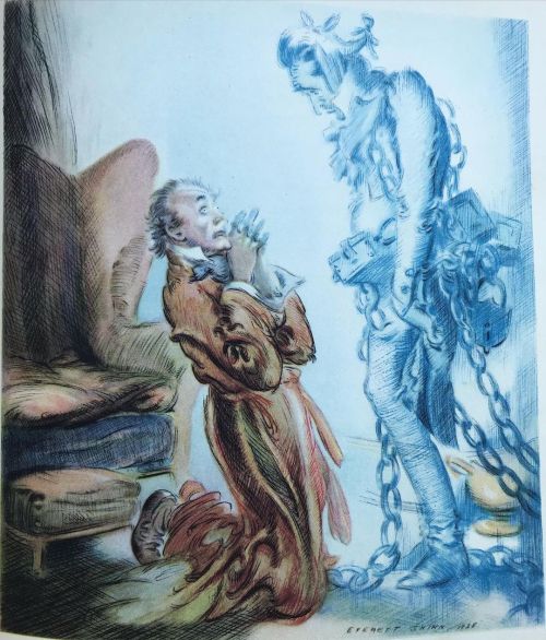 The ghost of Jacob Marley haunts Ebenezer Scrooge. Illustration by Everett Shinn from the 1938 editi