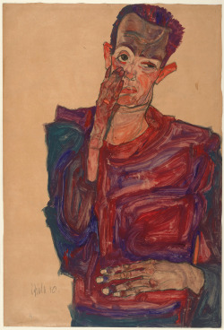 likeafieldmouse:  Egon Schiele - Self Portrait with Eyelid Pulled Down (1910) 