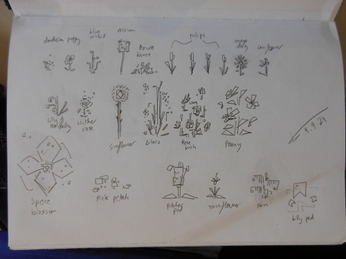 depictions of a variety of minecraft flowers and plants. the names are all listed by the flowers, but in case my handwriting is illegible, here it is from left to right, top to bottom:
dandelion, poppy, blue orchid, allium, azure bluet, tulips, oxeye daisy, cornflower, lilly of the valley, wither rose, sunflower, lilacs, rose bush, peony, spore blossom, pink petals, pitcher pod, torchflower, fern, lillypad.