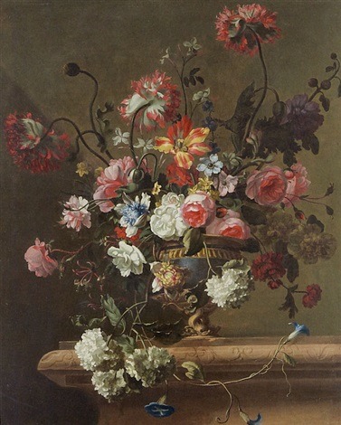 Nicolas Ricoeur (died 1787)Pavots, lis, roses blanches et mousseuses, branches de capucines et liser