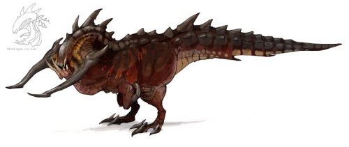 charrparts:  Found this old, apparently unused piece of concept art on the GW1 wiki and was immediately reminded of this ugly mug from the HoT trailer.Also is it just me, or could the nasty rolling crocodile beast that shows up at about 1:16 be a reimagin