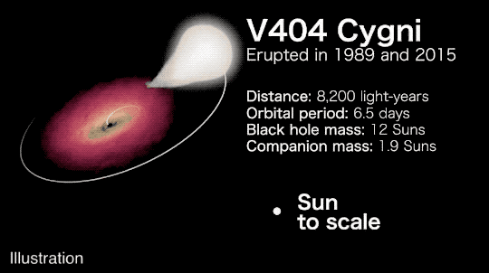 Bu görselleştirmede, beyazımsı, yuvarlak bir yıldız, etrafını saran parıldayan turuncu malzeme ile bir kara deliğin etrafında dönüyor. Kara delik, birbirlerinin yörüngesinde dönerken yıldızdan parlayan beyaz malzemeyi çekiyor. V404 Cygni, 1989 ve 2015 yıllarında bir X-ışını novasıyla patlayan bir kara deliktir. 8.200 ışıkyılı uzaklıkta yer almaktadır. Kara deliğin kütlesi Güneş'in 12 katıdır ve eşlik eden yıldızın kütlesi iki Güneş'in hemen altındadır. Her 6,5 günde bir birbirlerinin yörüngesinde dönüyorlar.