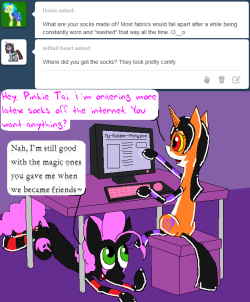 darkfiretaimatsu:  And thus was everything sock-related answered forever! I hope it… knocked your socks off~? Bedlam’s a real smart pony, who knows technology way better than I do! It runs on unicorn magic and also touch screens. And she really likes