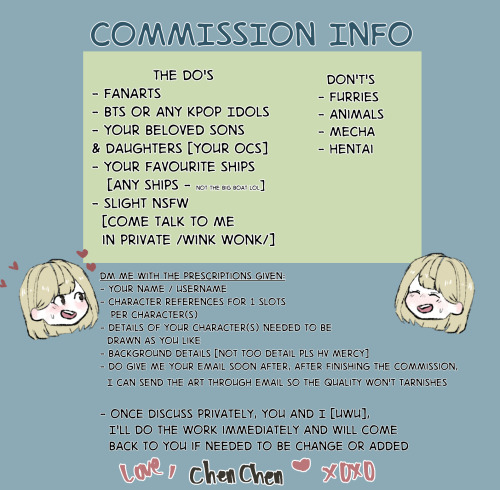 cchen100: cchen100: COMMISSIONS [OPEN] Hallo– I’m opening commissions for 5 slots again for this mon