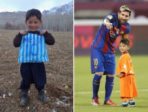 sixpenceee:Afghan boy who had plastic bag Messi shirt meets his idol