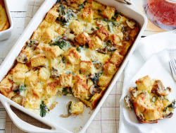 foodnetwork:Recipe of the Day: Make-Ahead Breakfast CasseroleWhen a breakfast casserole like this exists, a loaf of stale bread is a blessing. Cube the bread, pile it into a casserole dish and load it up with spinach, mushrooms, cheese and eggs. Assemble