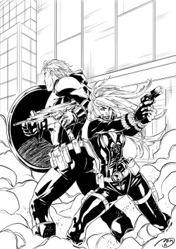 pandanoi:  More portfolio material :_D Captain America and Black Widow. Apparently Cap shouldn’t wield guns but it looked cool so… welp. Not sure if I’ll have time to paint it, need to make some comic pages, so here it goes :_3 who said men can’t