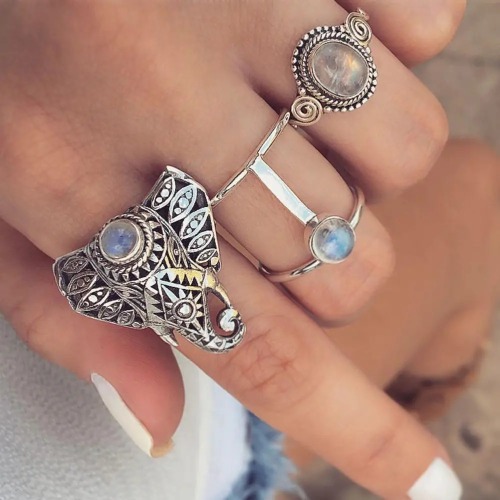 strangeavenueexpert:US6.72Vintage Finger Ring Set Gemstone Cute Elephant Silver Knuckle Rings Ethnis