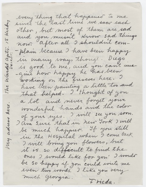apoetreflects:  Frieda Kahlo’s personal letter comforting friend and colleague Georgia O’Keeffe after O’Keeffe suffered a nervous breakdown resulting in a condition so severe she was hospitalized and ultimately unable to paint for a year. 