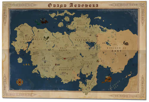 Fantasy map of Odand Aedohela - Old Land - with real buildings &amp; fantasy elements. Map conta