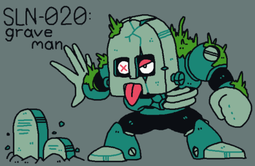 splendidland:  SLN-020 Grave Man: created to guard a robot mausoleum, he has a weathered grouchy personality. attacks with his signiture “graveyard smash”.[Part of a  collection of 24 original robot master designs I’ve created! You can  view the