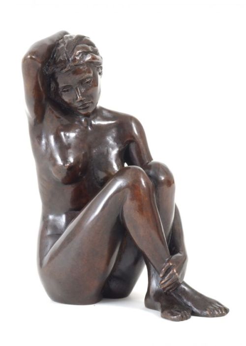 A sculpture titled ‘Rosie Holding Hair (Small Naked Girl statue)’ by sculptor Tom Greenshields. In a medium of Resin Bronze. #artist#sculpture#sculptor#art#fineart#Tom Greenshields#bronze resin#limited edition