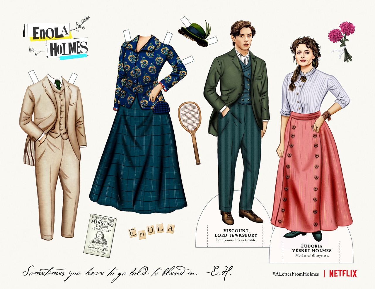 I had the honor of working on these fun paper dolls for @netflixfilm’s #EnolaHolmes starring Millie Bobby Brown. Disguises and dresses galore, print, cut and play along while you watch!