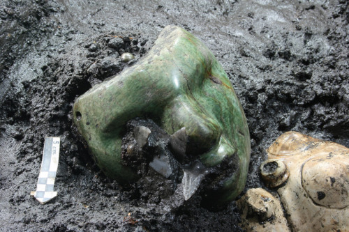 museum-of-artifacts:  Green serpentine stone mask found at the base of Pyramid of the Sun, ca 50 A.D., Teotihuacán, Mexico https://www.facebook.com/museum.of.artifacts/