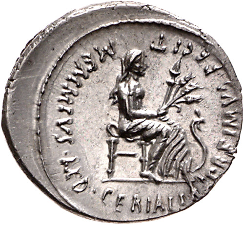 romegreeceart:Roman coin with an image of Ceres* Issued in 56 BCE by Gaius Memmius (nephew of Pompei