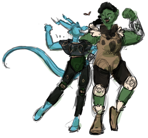 inknbone:POWER LESBIANS PART TWO [ID: a colored sketch of Carey and Killian. Carey is a blue-skinned