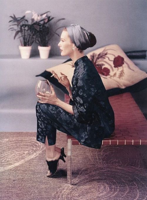 Mary Jane Russell in Chinese silk pajamas, Vogue 1953 by John Rawlings