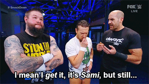 mith-gifs-wrestling:Daniel and Cesaro not forgetting Kevin’s history (apparently all 18 years of it,