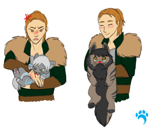 dorian-the-redeemer:Kitty!Hawke and Fenris~ Also Anders holding them~ fenris hates it tho