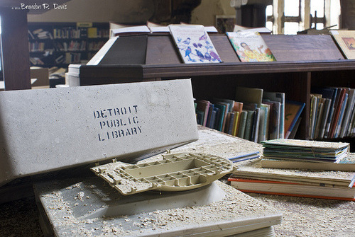 bookporn:  copperbadge:  kingsgrave:  bookporn:  Abandoned: Mark Twain Branch Detroit Public Library by Brandon P. Davis Flickr | Tumblr | Facebook  This is the way the world ends…  I always figured if the apocalypse does come, I’m heading for the