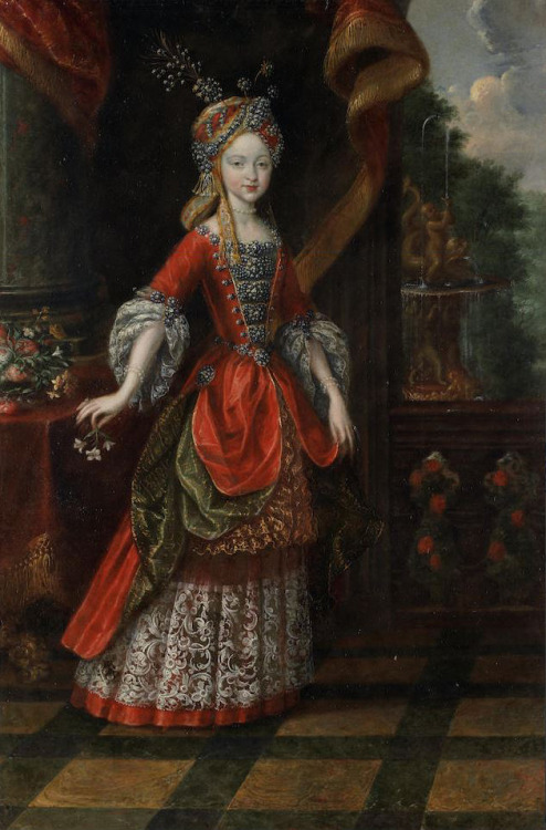 Portrait of a lady, full-length, in an embroidered dress before a landscape; circle of Pierre Mignar