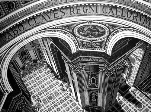 M. C. Escher, Inside St. Peter&rsquo;s, 1935. Wood engraving.