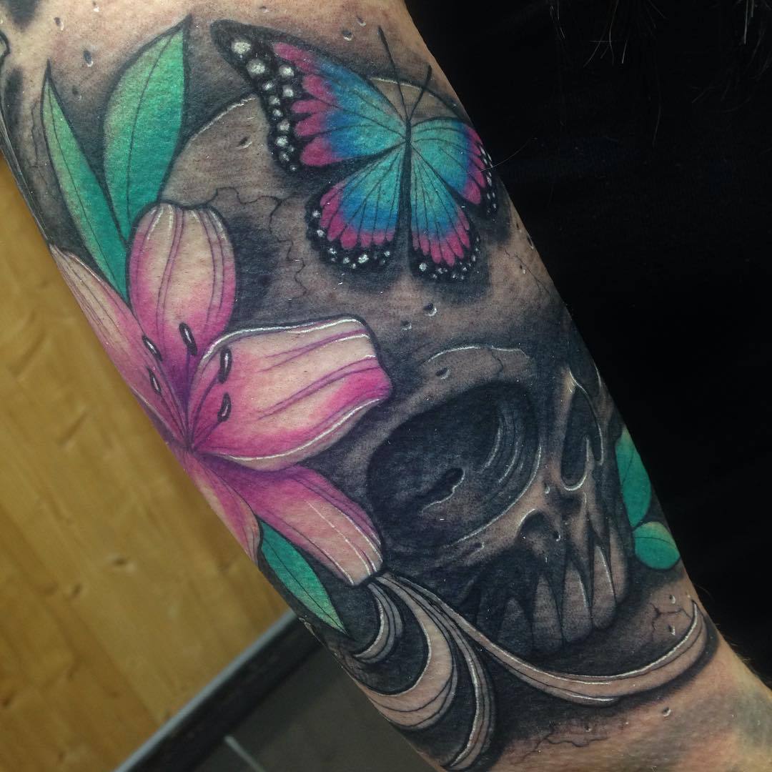 Tattoos by Craig Holmes @ Iron Horse Tattoo Studio — Girly skull and butterfly tattoo by Craig Holmes @...