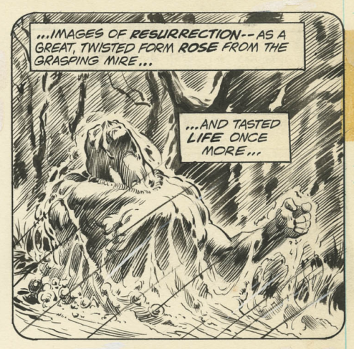 rocket-prose: Original art for Bernie Wrightson’s one-page recap of Swamp Thing’s origin, which appeared on the second page of Swamp Thing #2 (Jan. 1973)