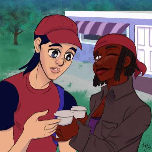 Florian, a young Asian man, receives a warm drink in a cup, from a young Black woman named Maureen. They're in a woodsy park with a shop in the background.