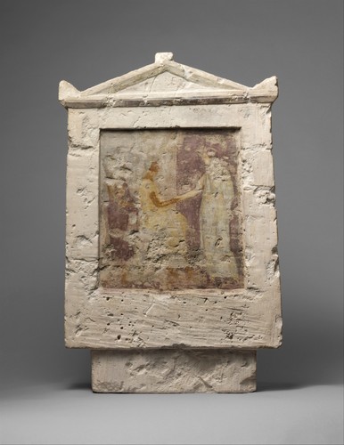 met-greekroman-art:Painted limestone funerary stele with a seated man and two standing figures, Metr