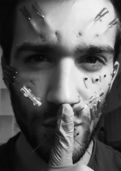 arrows-and-coffee:some enchanting lip needle and piercing play by Cristophe Clairet  https://www.facebook.com/PlayPiercingBloodPlayRitual