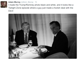 therealklt:Allow me to introduce you to a Mr. Mitt Romney. A haphazard skew of a man, whose political career, much like his wit, is an act of uncomfortable brevity. To his immediate right is a door-to-door salesman, of sorts, whose peddled wares are more