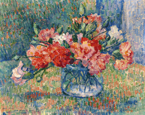 Carnations in a Glass Vase  -  Theo Va RysselbergheBelgian 1862-1926Oil on canvas,  32.7 x 40.8 cm,