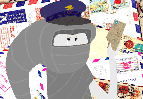 A slightly vibrating gif of the Peregrine Mendicant/Parcel Mistress from Homestuck (a white chesswoman wearing grey rags) wearing a blue postal worker's hat, holding up a partially-singed envelope. A single tear rolls down her cheek as she holds the envelop aloft, filled with determination to deliver it. The background is a collage of other pieces of mail.