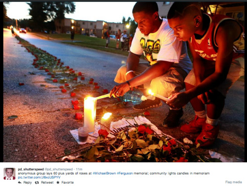 socialjusticekoolaid:  What they won’t show you on CNN tonight: Ferguson residents line a parade of roses down W Florissant, leading to where Mike Brown was taken from this world. #staywoke #powerful #insolidarity  