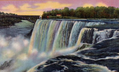 nemfrog:American Falls from Luna Island, showing New Rainbow Bridge, Niagara Falls, N.Y. 1941.Intern