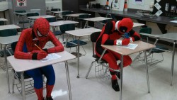 8bit-aion: theauthorman:  &ldquo;Pssst, spidey, what’d you get for number seven?&rdquo; &ldquo;Dude, shut up! I don’t wanna get in trouble!&rdquo; &ldquo;I got Waterloo.&rdquo; “This is a math test!”  are we not going to talk about the fact that