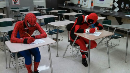 8bit-aion:  theauthorman:  “Pssst, spidey, what’d you get for number seven?” “Dude, shut up! I don’t wanna get in trouble!” “I got Waterloo.” “This is a math test!”  are we not going to talk about the fact that