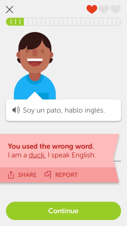 wtfduolingo: [image transcription: “Soy un pato, hablo inglés” which transla