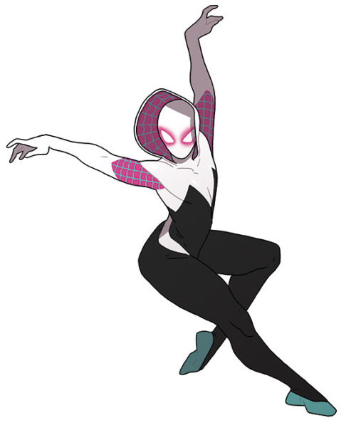 meredithmcclaren:Description: An illustration of Gwen Stacy as Ghost Spider, posed in a ballet jump.