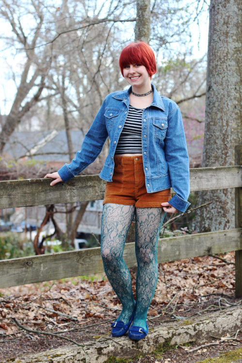 (via Petite Panoply: Jean Jacket, Striped Top, Corduroy Shorts, Green Lace Tights, Moccasins, &a