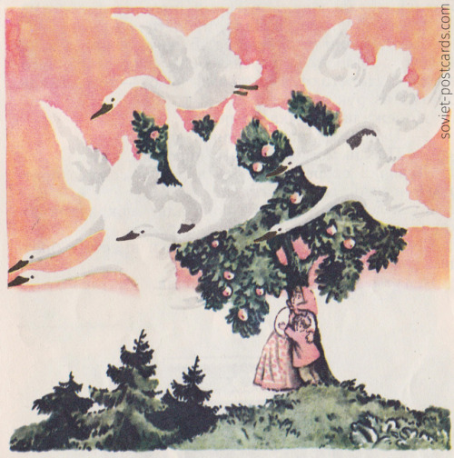 sovietpostcards:The Magic Swan Geese, Russian fairy tale. Illustrations by Vladimir Konashevich (197