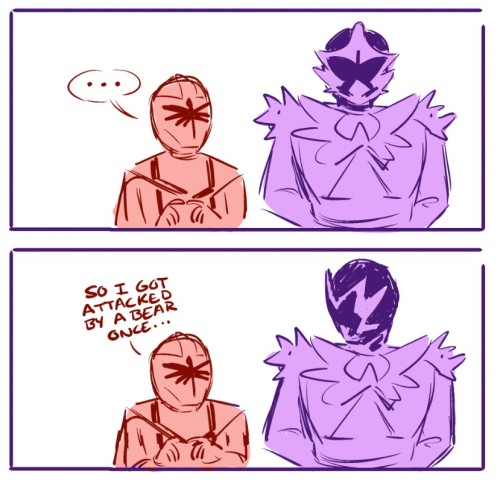 two panels of magired and wolzard standing awkwardly next to eachother. they are silent in the first panel, kai is looking up at wolzard, slightly crouched, his pointer fingers together.
in the next he breaks the silence and says "so I got attacked by a bear once." wolzard turns his head and looks down at him, a little surprised.