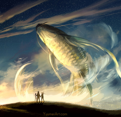 yuumei-art:Inspired by my hike the other day, except I really wanted there to be a giant fish swimmi